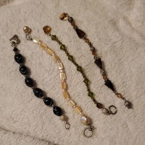 Set of 4 Beaded Bracelets - Black Agate Pattern, Iridescent Shell, Green Crystal